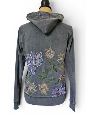 Vertigo Y2K Embroidered Floral Zip Hoodie Jacket Grey Boho Cottagecore, Size M